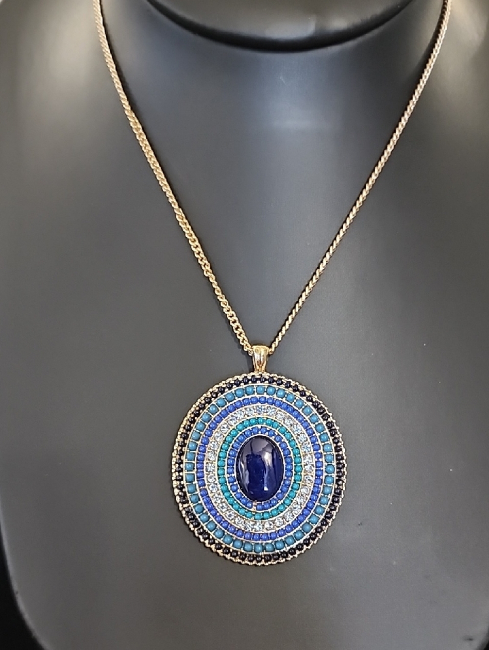 Gold-Plated Blue Multi-Stone Oval Pendant Necklace - Women Jewelry